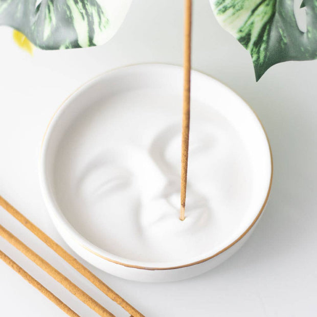 White Moon Face Ceramic Incense Holder