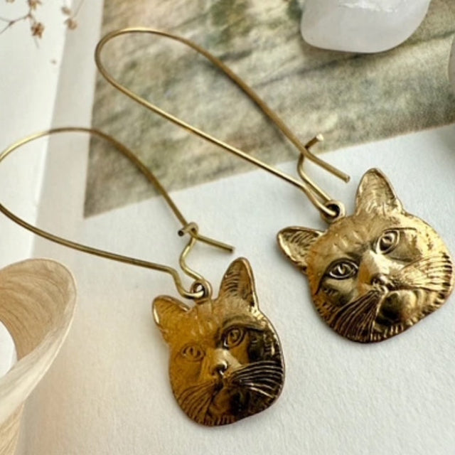 PIKA & BEAR | Brass Miser Cat Face Drop Earrings