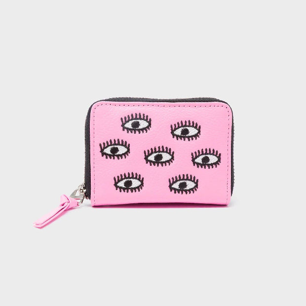 MIN & MON | Frodo Leather Zip Wallet - Pink Eyes Embroidery